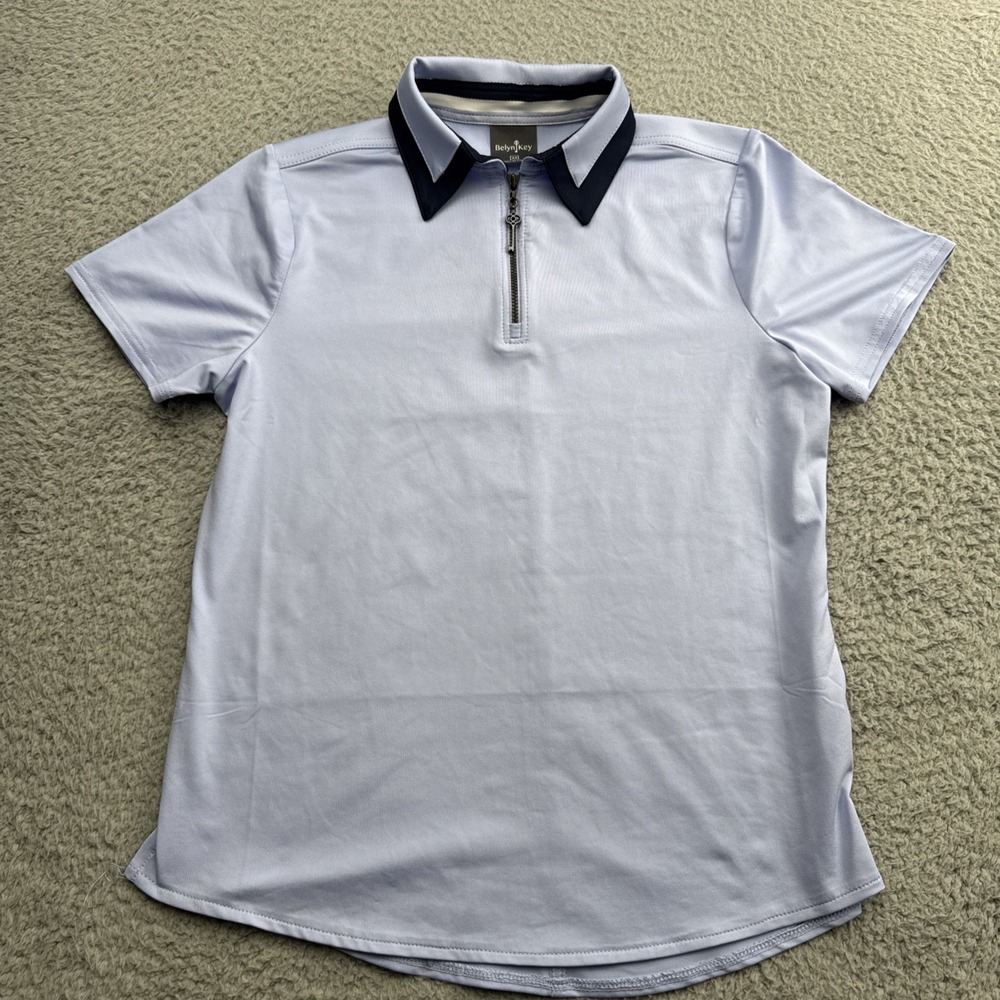 BELYN KEY Polo Golf Shirt Womens XS Ice Blue & Navy Birdie Cap Sleeve Tennis